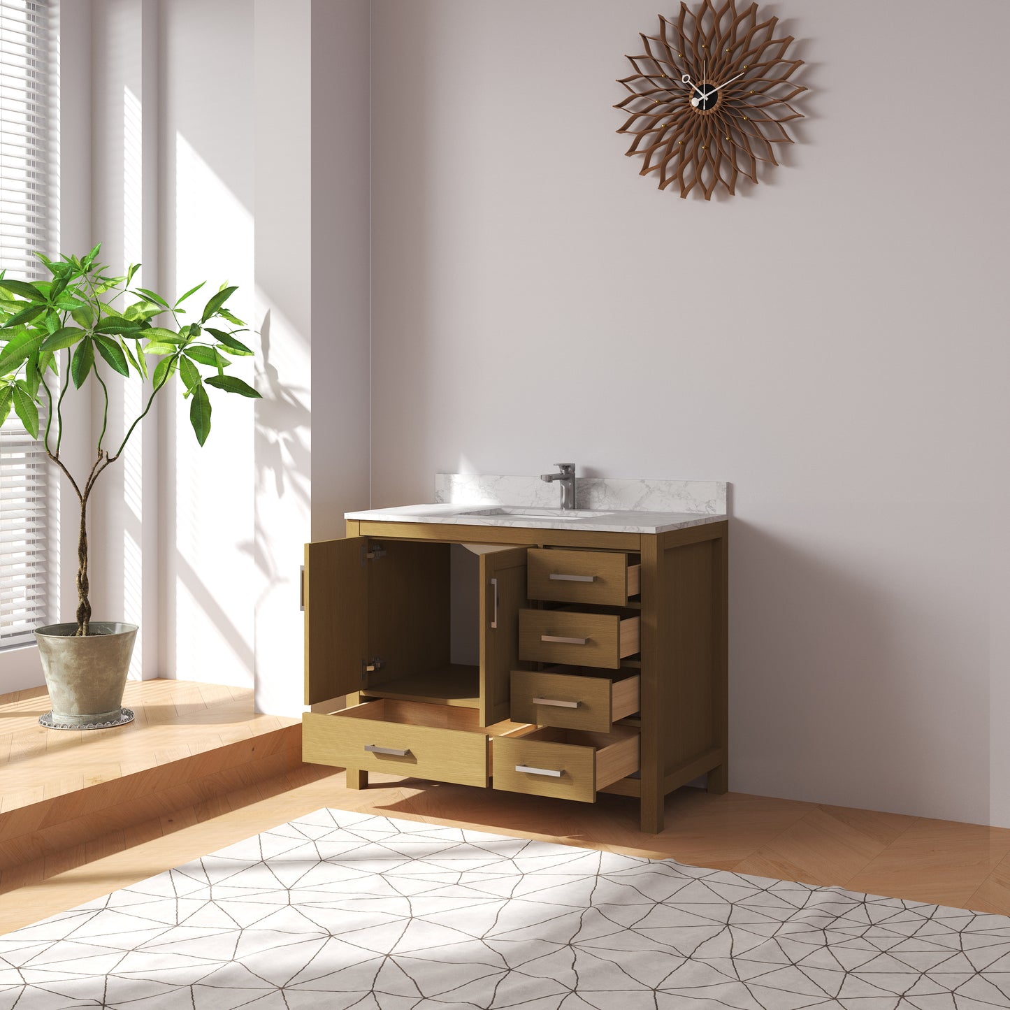 Medunjess 42" Modern Quartz Top Natural Wood Vanity