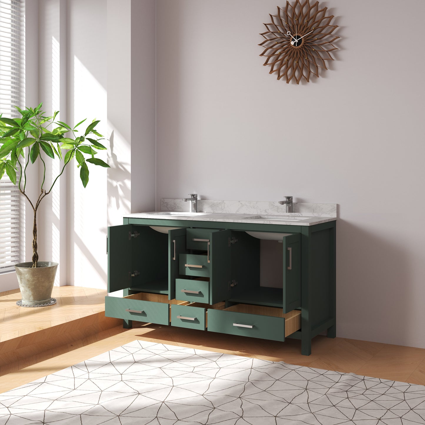 Medunjess 60" Green Wood Double Sink Bathroom Vanity with Quartz Top