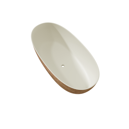 MEDUNJESS 63" Minimalist Travertine Solid Surface Boat-Shaped Freestanding Bathtub