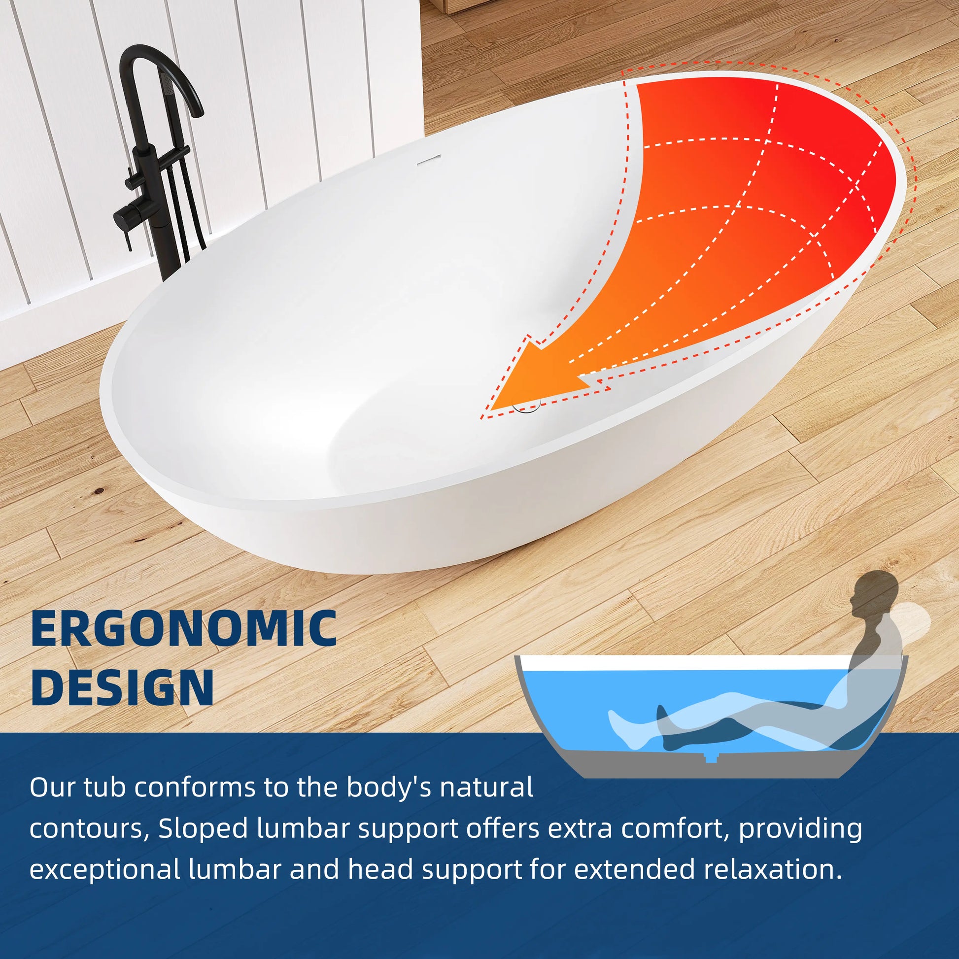 White freestanding bathtub with ergonomic design features on a wooden floor.