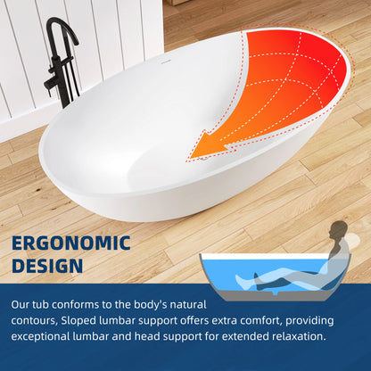 White freestanding bathtub with ergonomic design features on a wooden floor.