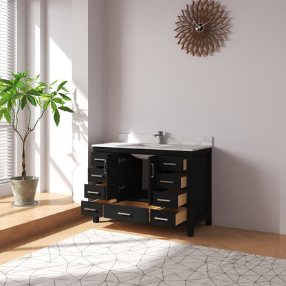 Medunjess 48" Black Wood Oak-Style Bathroom Vanity with Quartz Sink