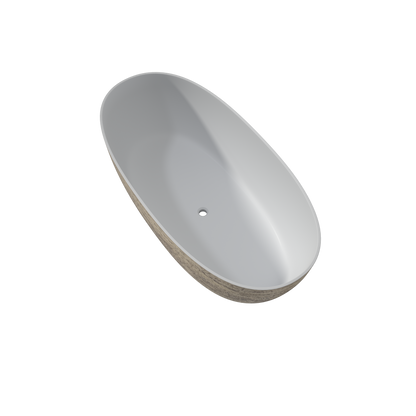 MEDUNJESS 63" Minimalist Travertine Solid Surface Boat-Shaped Freestanding Bathtub