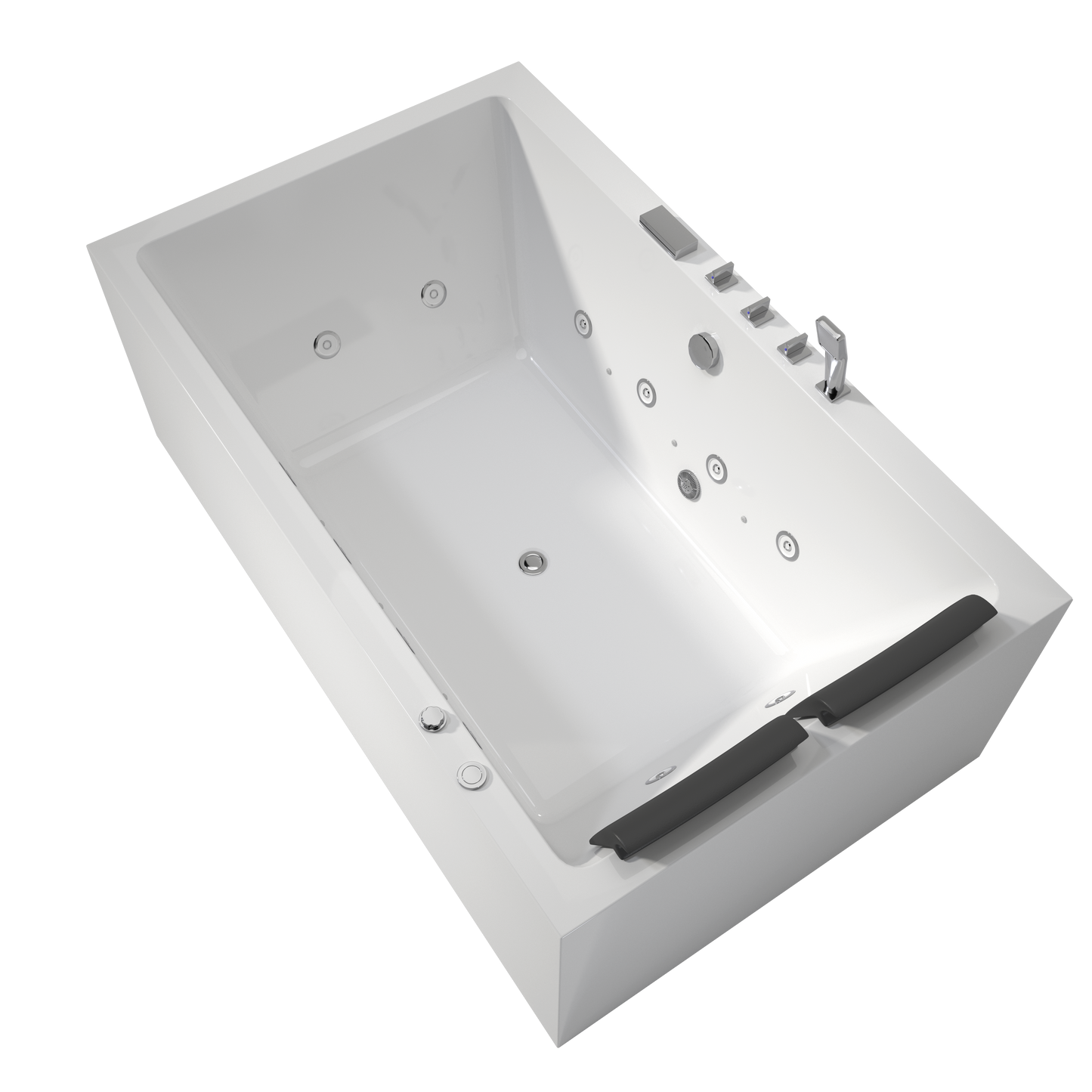 Medunjess 71" 3-Sided Apron Acrylic Whirlpool Hydromassage Bathtub with 12 Jets, Air Switch, Square 5-Piece Faucet Set, Dual Black Pillows
