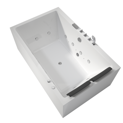 Medunjess 71" 3-Sided Apron Acrylic Whirlpool Hydromassage Bathtub with 12 Jets, Air Switch, Square 5-Piece Faucet Set, Dual Black Pillows