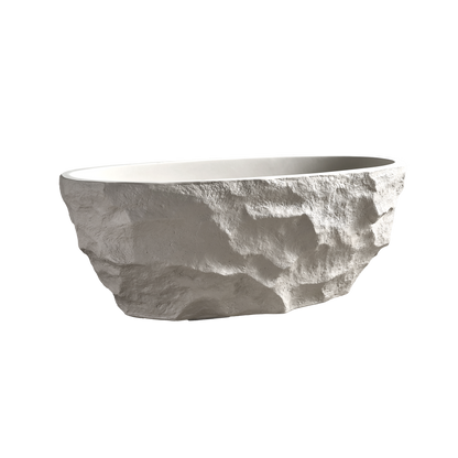 Medunjess 67.5" Raw Travertine-Style Solid Surface Deep Soaking Tub Freestanding Bathtub