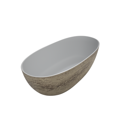 MEDUNJESS 63" Minimalist Travertine Solid Surface Boat-Shaped Freestanding Bathtub