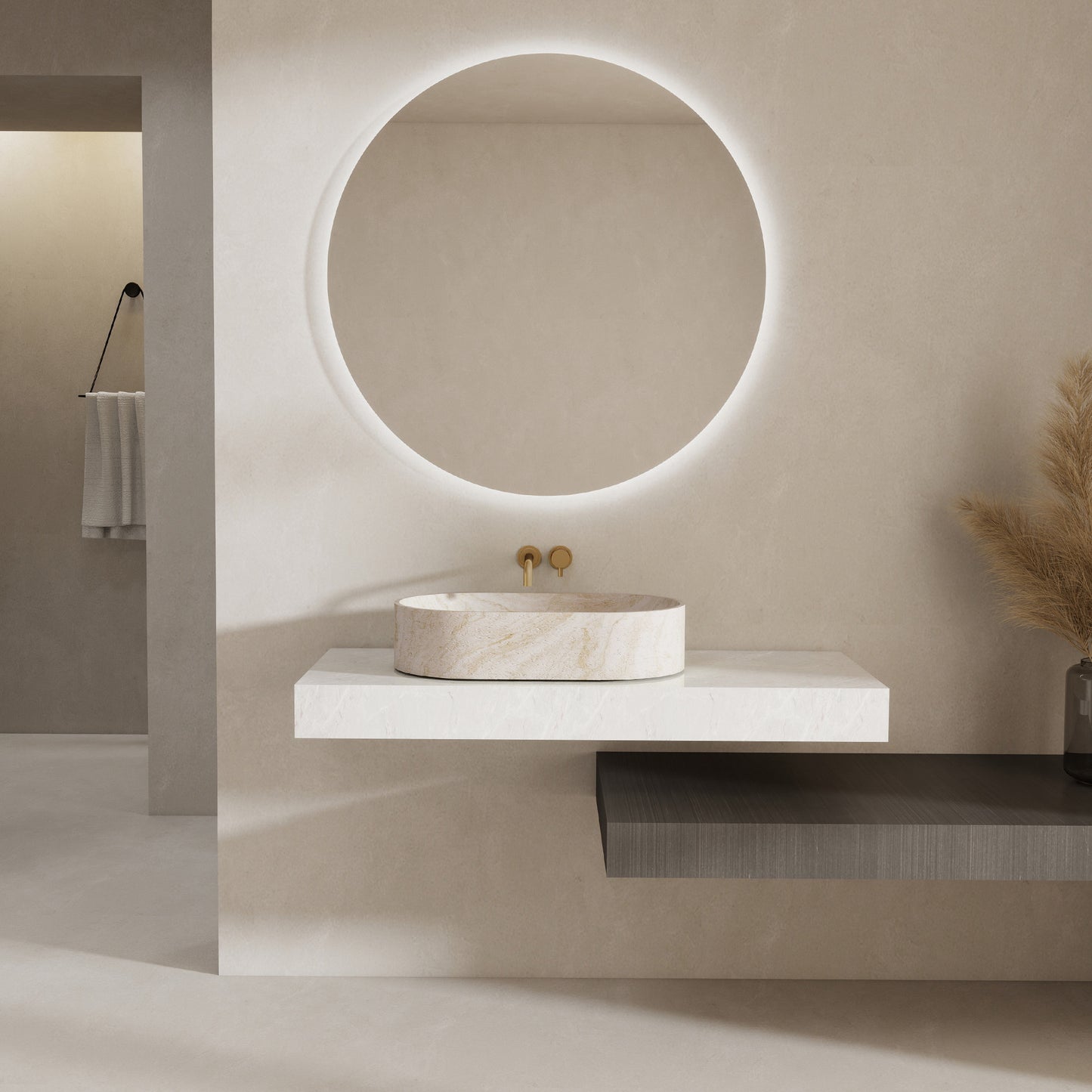 Modern bathroom with round mirror and beige oval sink