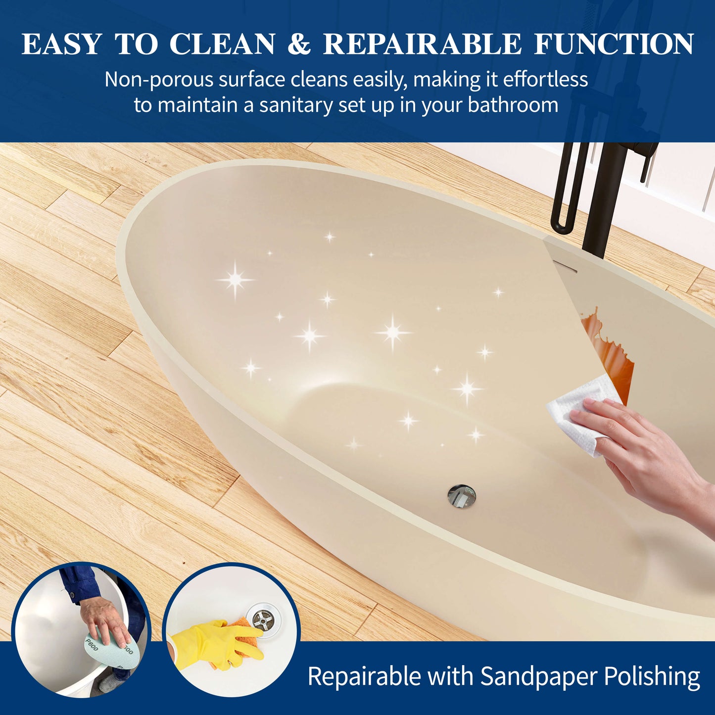 Medunjess 65'' Oval Luxury Resin Stone Soaking Tub,Milk-Coffee