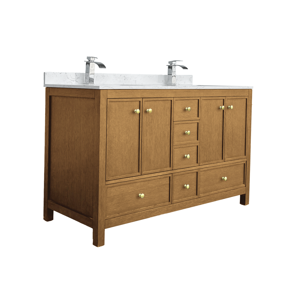 Medunjess 60" Freestanding Double Sink Bathroom Vanity Set with Engineered Stone Countertop & Dual Hardware Options - Natural Oak