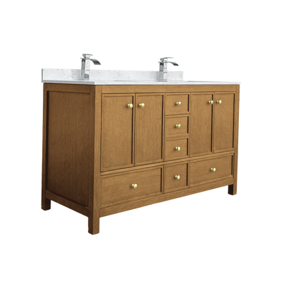Medunjess 60" Freestanding Double Sink Bathroom Vanity Set with Engineered Stone Countertop & Dual Hardware Options - Natural Oak