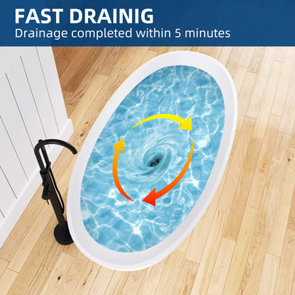 Drainage system with water flow illustration on a wooden floor, featuring text about fast draining.