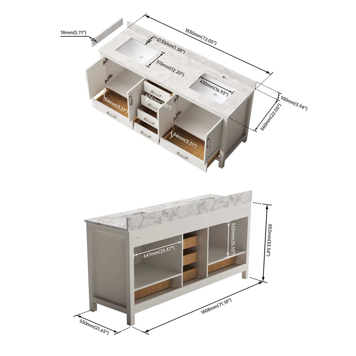 Medunjess 72'' Keystone Bathroom Vanities With Double Sink