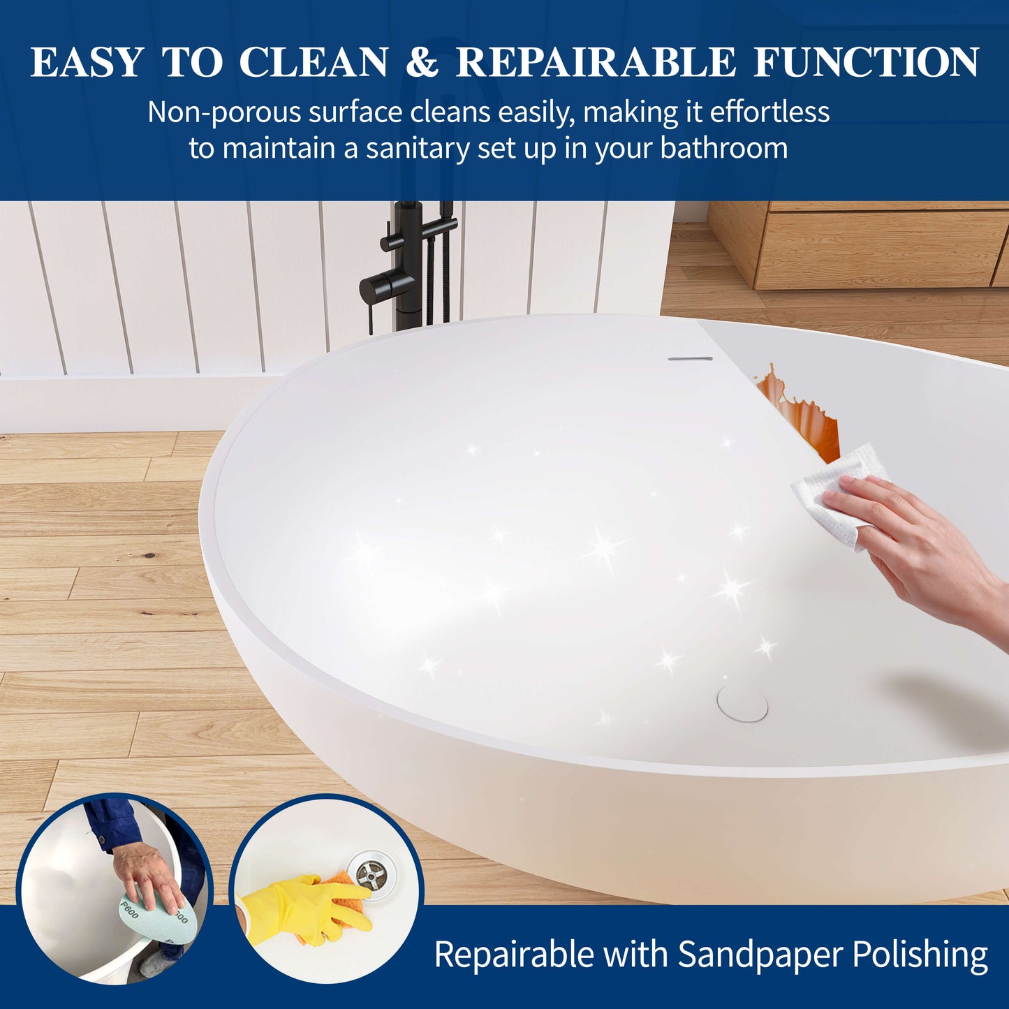 Medunjess 63" Wavy Freestanding Tub Solid Surface Freestanding Stone Resin Soaking Bathtub