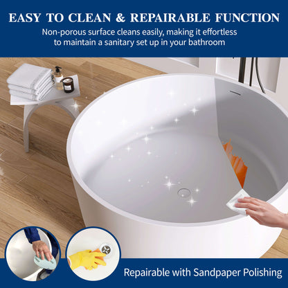 Medunjess 49" Round Solid Surface Freestanding Soaking Tub for Small Bathrooms
