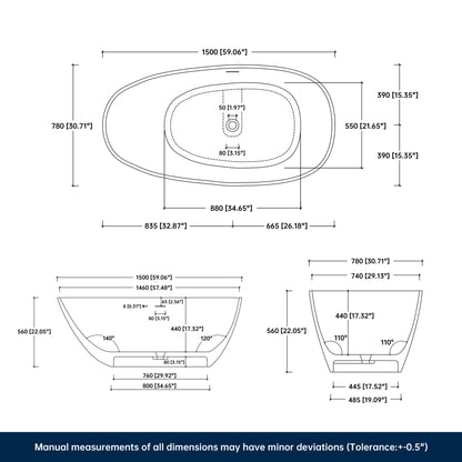 Medunjess 59'' Freestanding Tub Solid Surface Egg Shape Freestanding Soaking Tub,Black