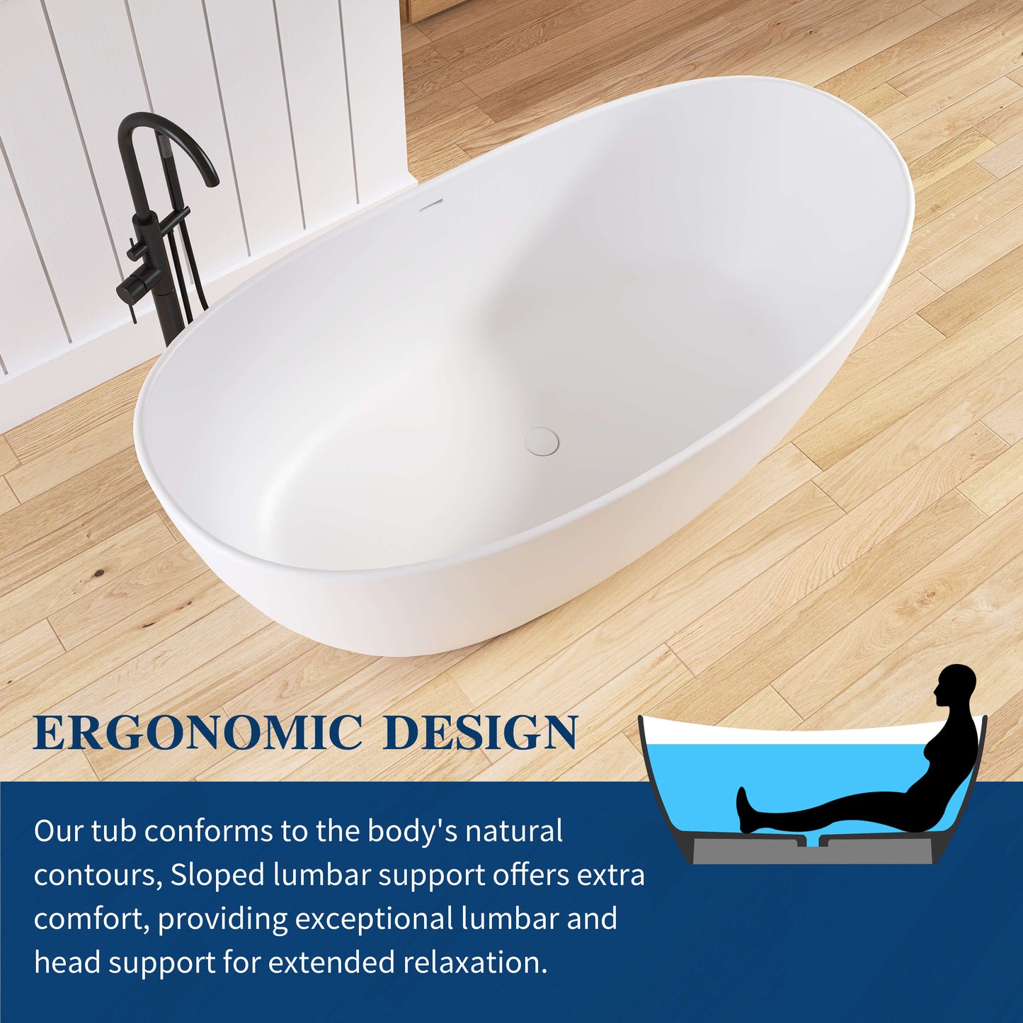 Medunjess 65'' Freestanding Bathtub Solid Surface Deep Soaking Tubs Double Slippers