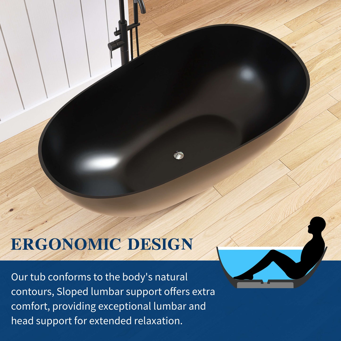 Medunjess 59'' Freestanding Tub Solid Surface Egg Shape Freestanding Soaking Tub,Black