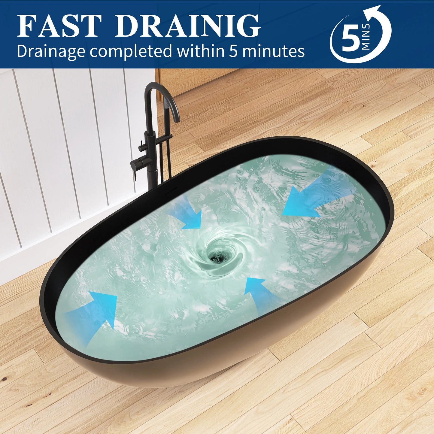 Medunjess 59'' Freestanding Tub Solid Surface Egg Shape Freestanding Soaking Tub,Black