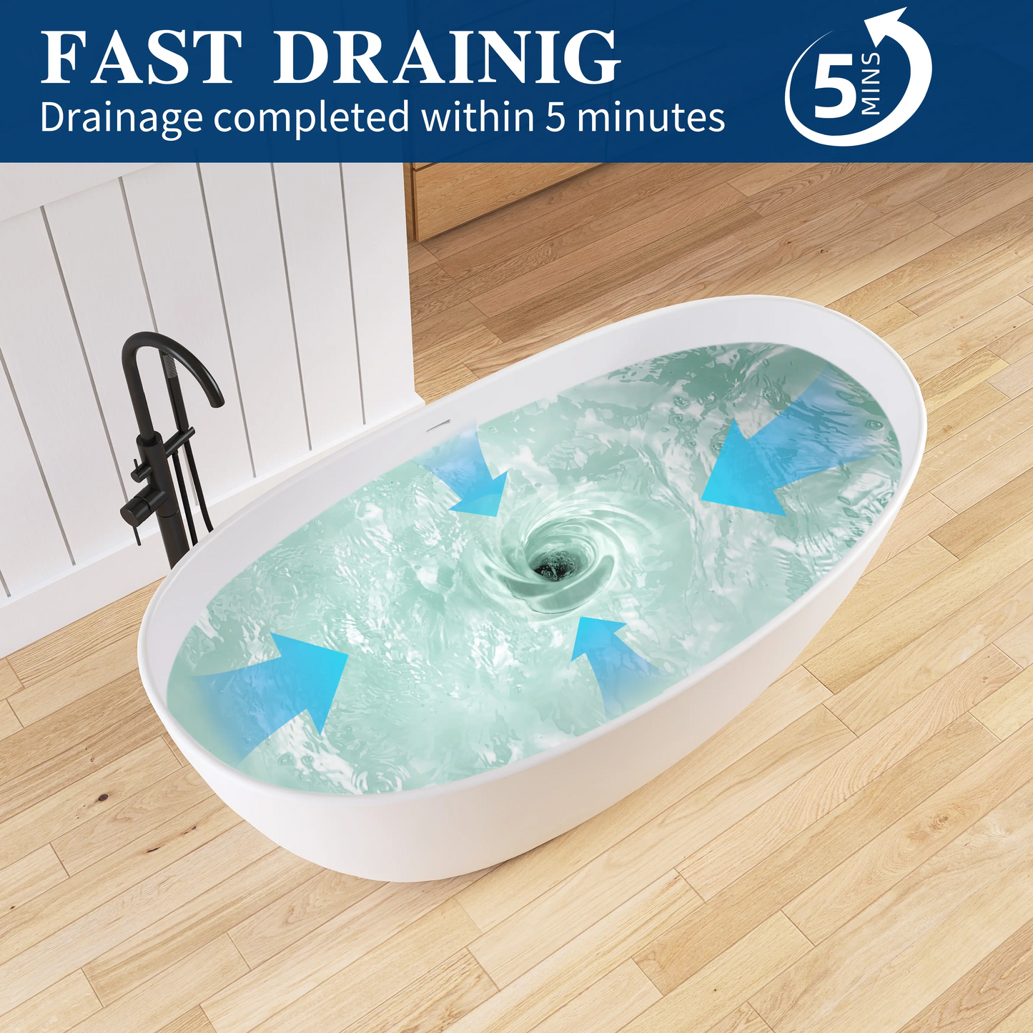 Medunjess 65'' Freestanding Bathtub Solid Surface Deep Soaking Tubs Double Slippers