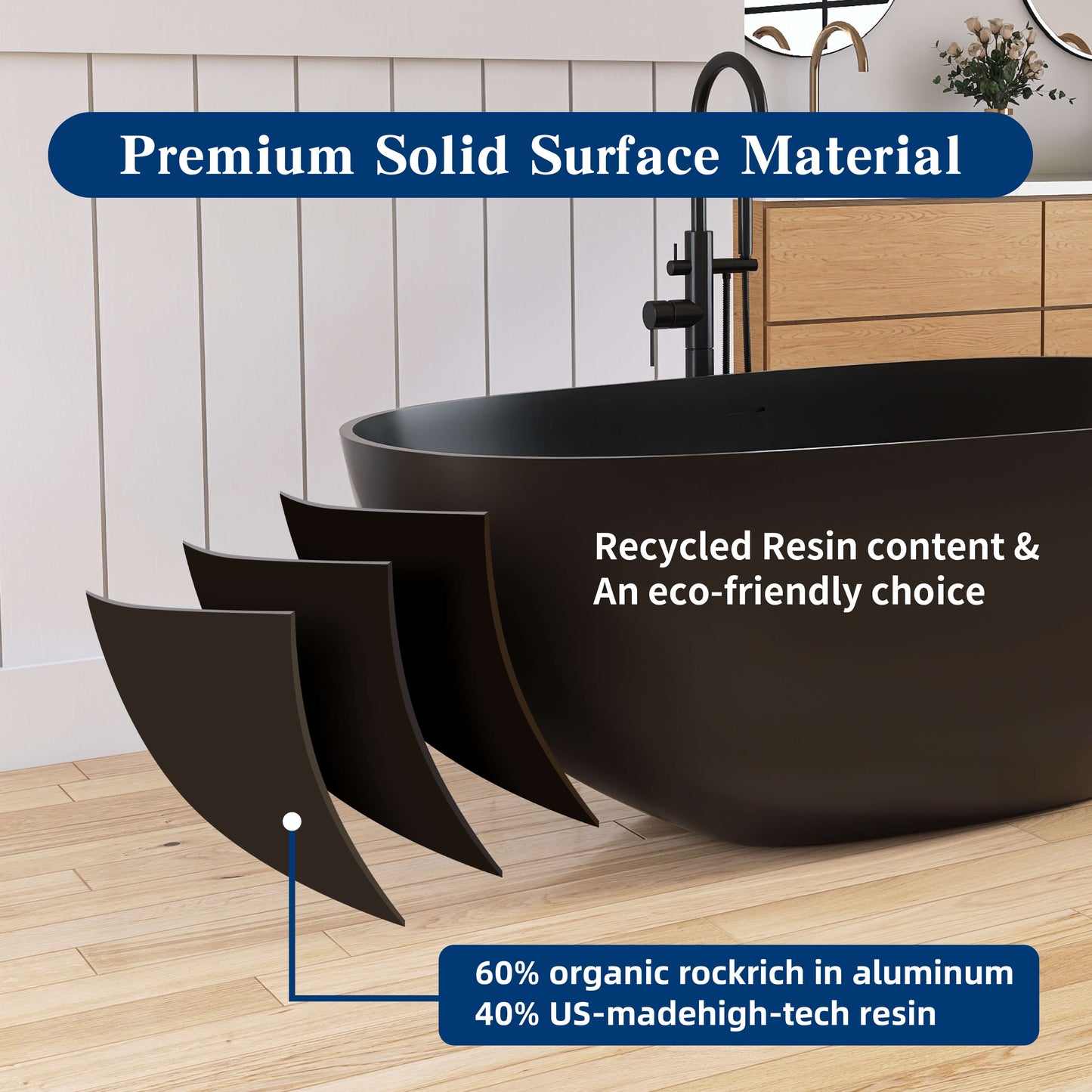 Medunjess 59'' Freestanding Tub Solid Surface Egg Shape Freestanding Soaking Tub,Black