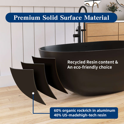 Medunjess 59'' Freestanding Tub Solid Surface Egg Shape Freestanding Soaking Tub,Black