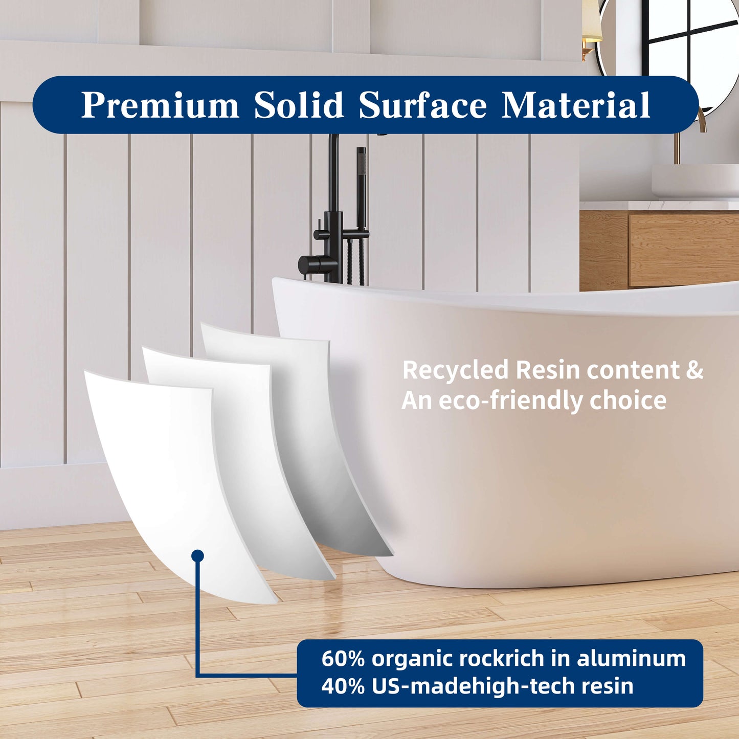 Medunjess 65'' Freestanding Bathtub Solid Surface Deep Soaking Tubs Double Slippers