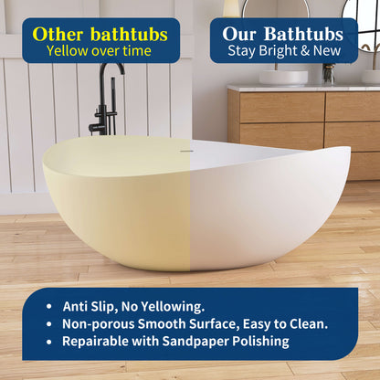 Medunjess 63" Wavy Freestanding Tub Solid Surface Freestanding Stone Resin Soaking Bathtub