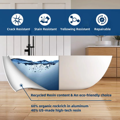 Bathroom setting with a bathtub and text highlighting eco-friendly features.