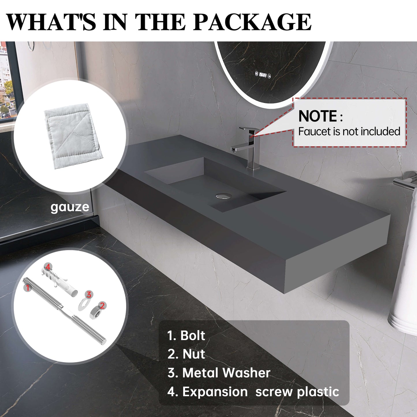 Medunjess 47''Suspire Wall Mounted Bathroom Sink Solid Surface Sink