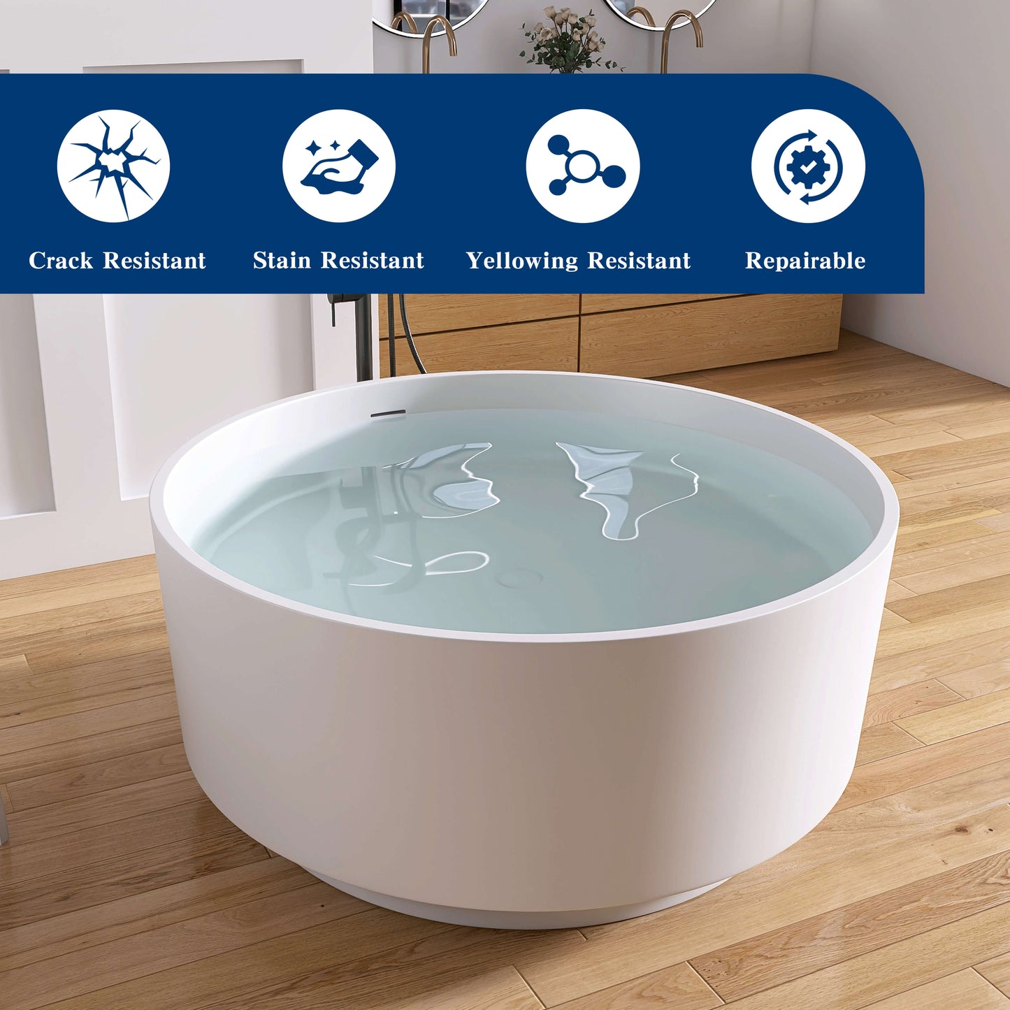 Medunjess 49" Round Solid Surface Freestanding Soaking Tub for Small Bathrooms