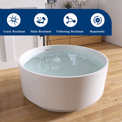 Medunjess 49" Round Solid Surface Freestanding Soaking Tub for Small Bathrooms
