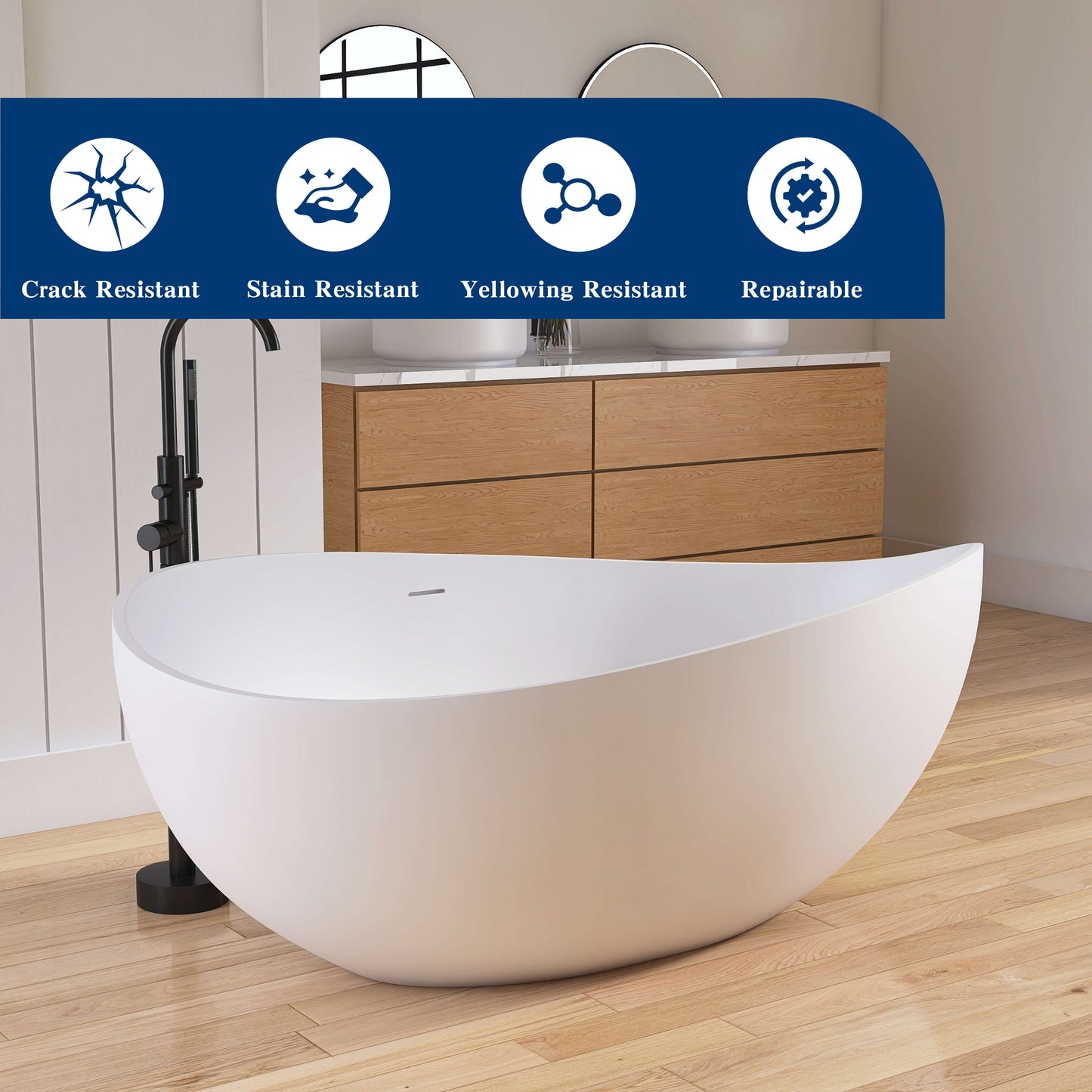 Medunjess 63" Wavy Freestanding Tub Solid Surface Freestanding Stone Resin Soaking Bathtub