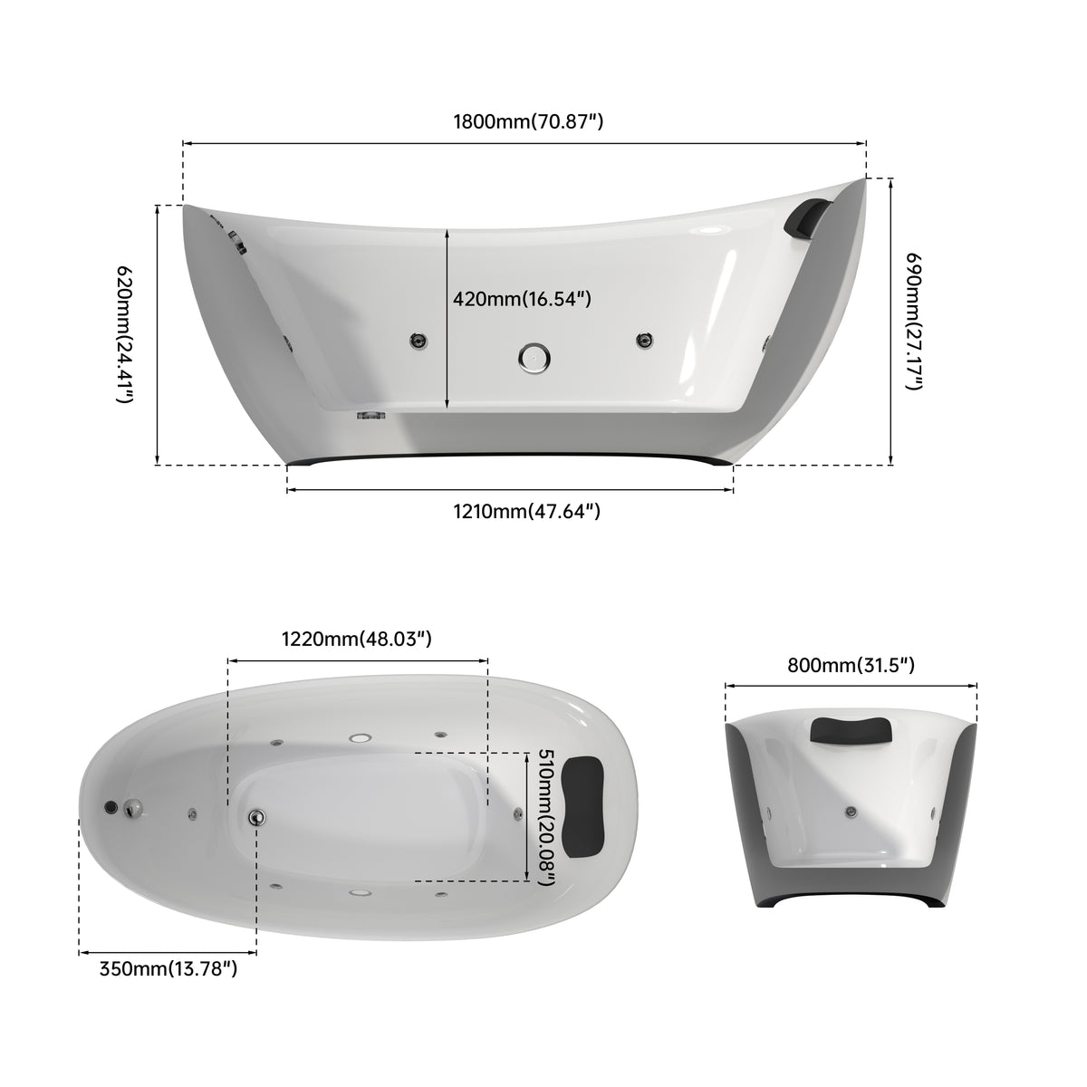 Medunjess 71" Modern Freestanding Seamless Acrylic Whirlpool Hydromassage Bathtub with 6 Water Jets, Chromatherapy LED Light, Ergonomic Black Gel Pillow