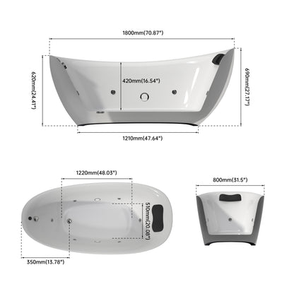 Medunjess 71" Modern Freestanding Seamless Acrylic Whirlpool Hydromassage Bathtub with 6 Water Jets, Chromatherapy LED Light, Ergonomic Black Gel Pillow