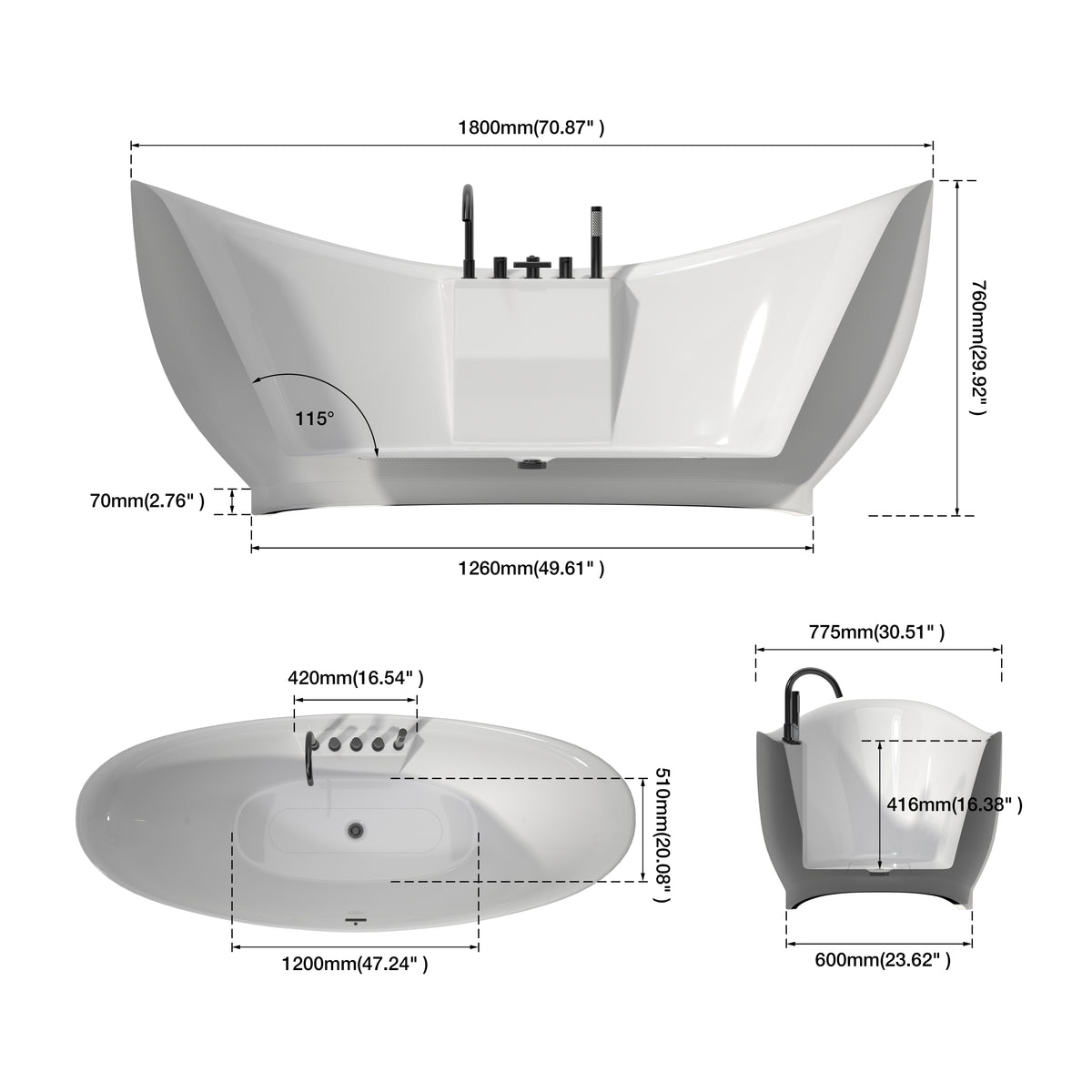 Medunjess 71" Modern Freestanding Acrylic Soaking Air Massage Bathtub with Matte Black 5-Piece Faucet Set, One-Touch Control Panel, Blue LED Chromatherapy Light & Air Bubble Bath