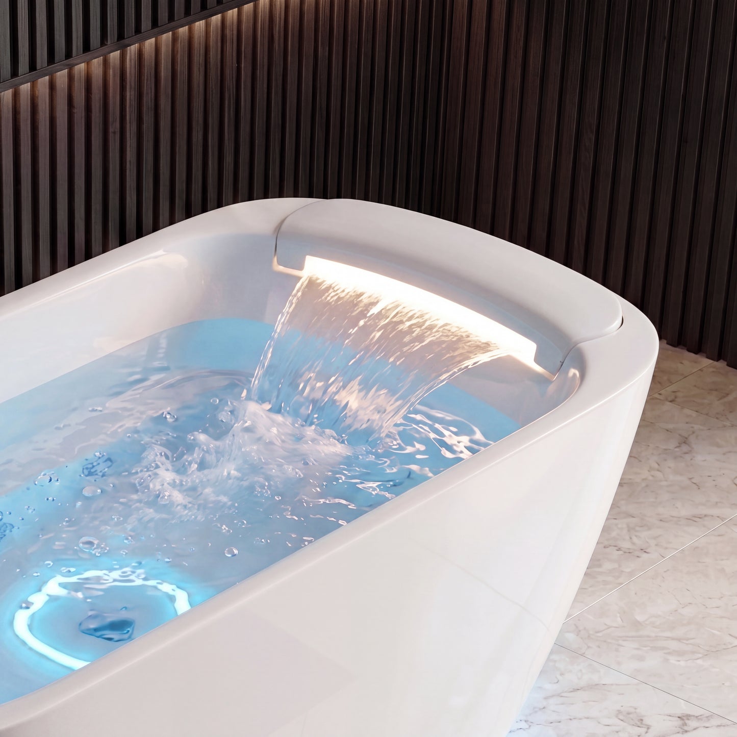 Medunjess 67" Modern White Acrylic Whirlpool Jetted Freestanding Bathtub with Waterfall Pillow, 11 Hydro Massage Jets, Air Bubble System & Blue LED Chromatherapy Light