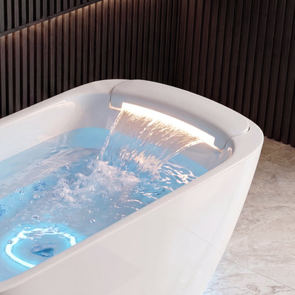 Medunjess 67" Modern White Acrylic Whirlpool Jetted Freestanding Bathtub with Waterfall Pillow, 11 Hydro Massage Jets, Air Bubble System & Blue LED Chromatherapy Light