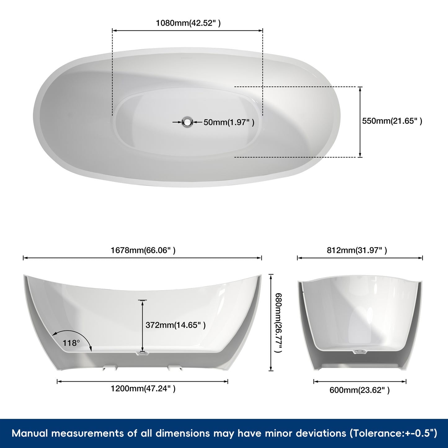 Medunjess 66'' Amis Freestanding Acrylic Tub Deep Soaking Bathtub