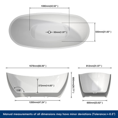 Medunjess 66'' Amis Freestanding Acrylic Tub Deep Soaking Bathtub