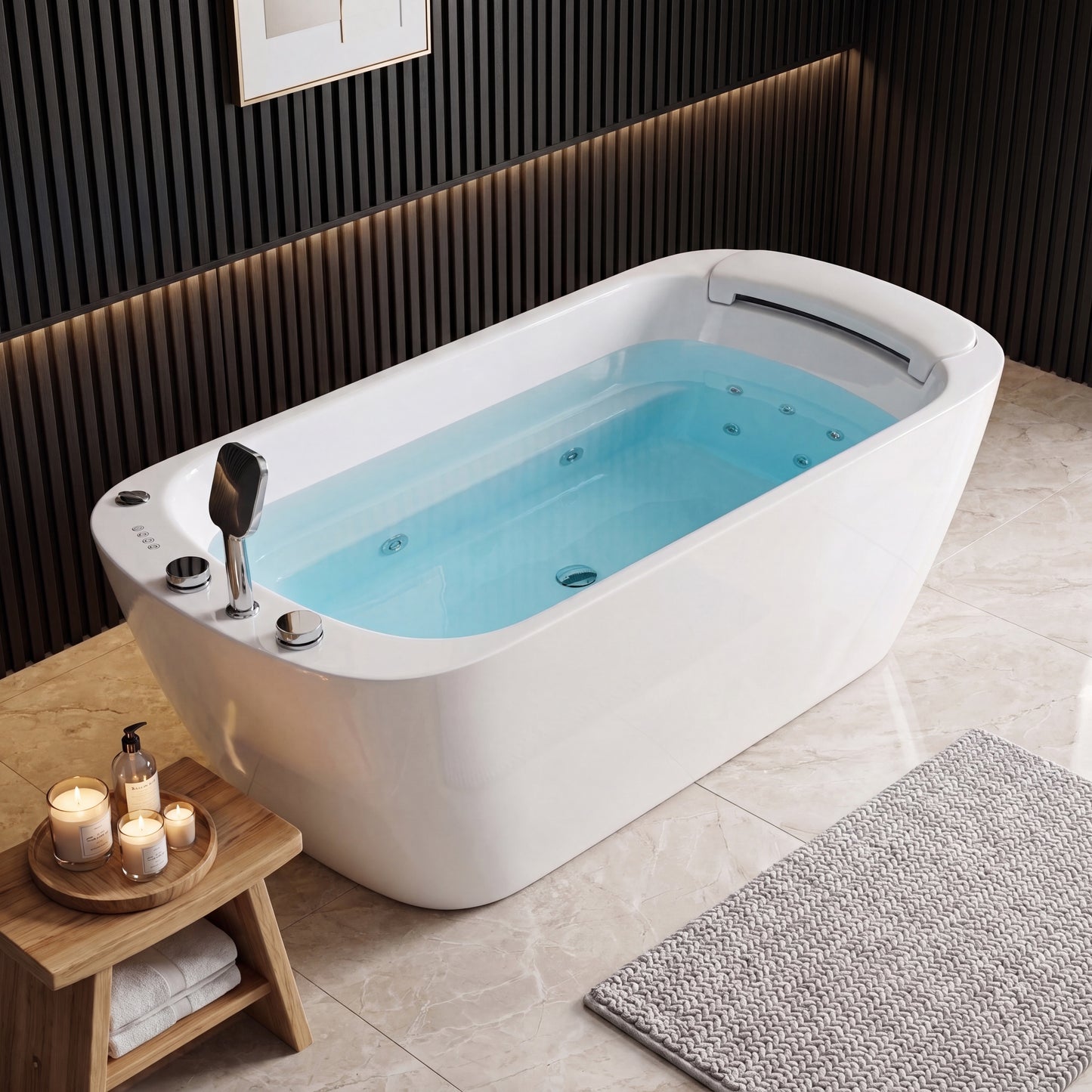 Medunjess 67" Modern White Acrylic Whirlpool Jetted Freestanding Bathtub with Waterfall Pillow, 11 Hydro Massage Jets, Air Bubble System & Blue LED Chromatherapy Light