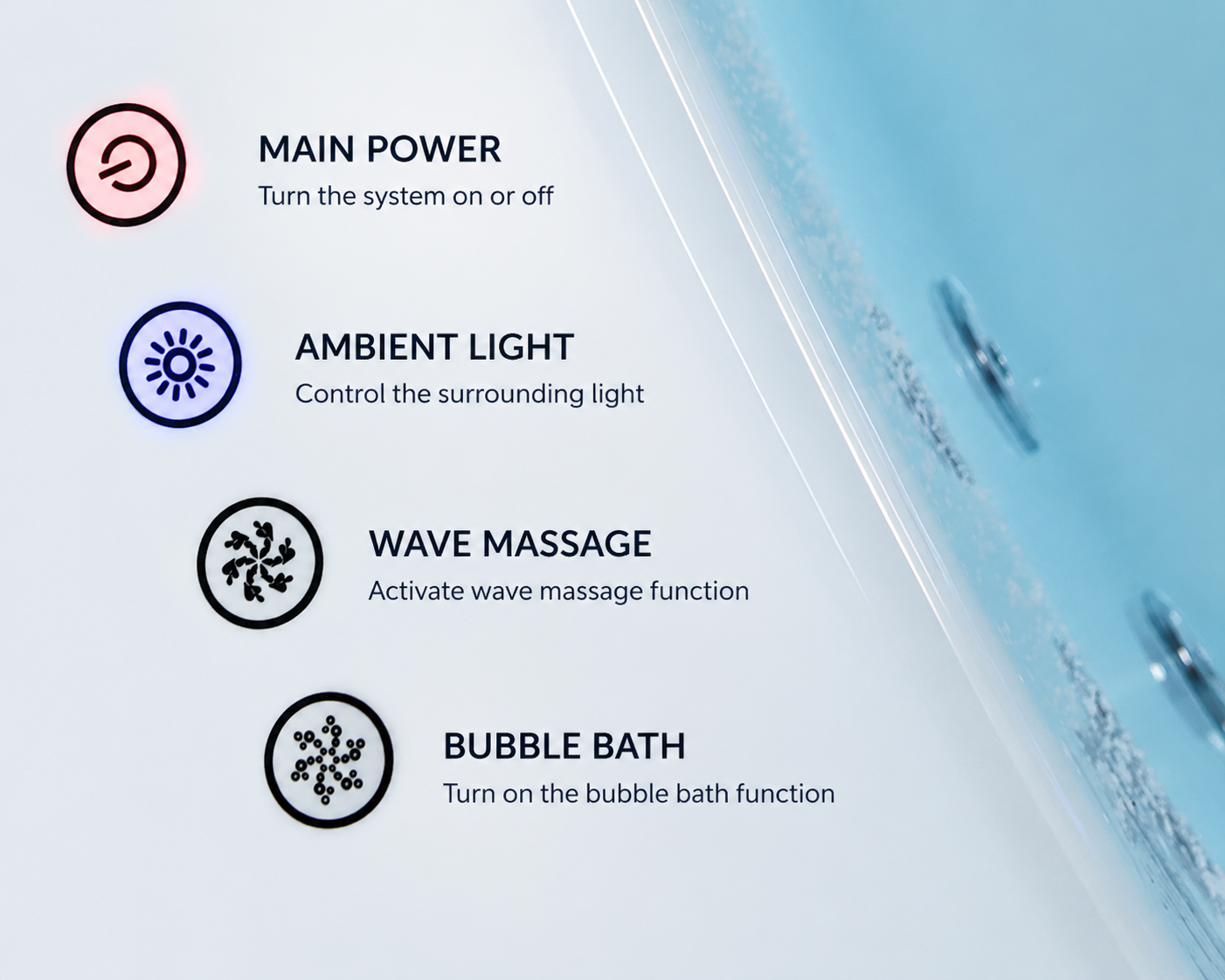 Medunjess 67" Modern White Acrylic Whirlpool Jetted Freestanding Bathtub with Waterfall Pillow, 11 Hydro Massage Jets, Air Bubble System & Blue LED Chromatherapy Light