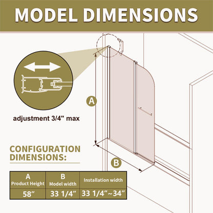 Medunjess DU34-08B 34" W x 58" H Hinged Frameless Bathtub Door