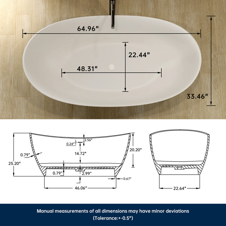 65'' Freestanding Bathtub Solid Surface Deep Soaking Tubs Double Slippers