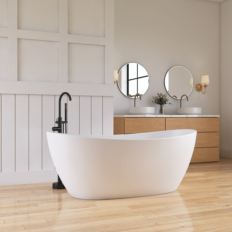 65'' Freestanding Bathtub Solid Surface Deep Soaking Tubs Double Slippers