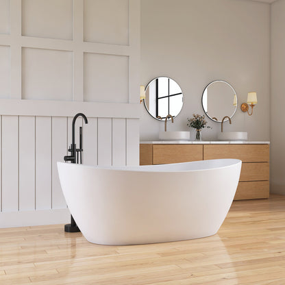 65'' Freestanding Bathtub Solid Surface Deep Soaking Tubs Double Slippers