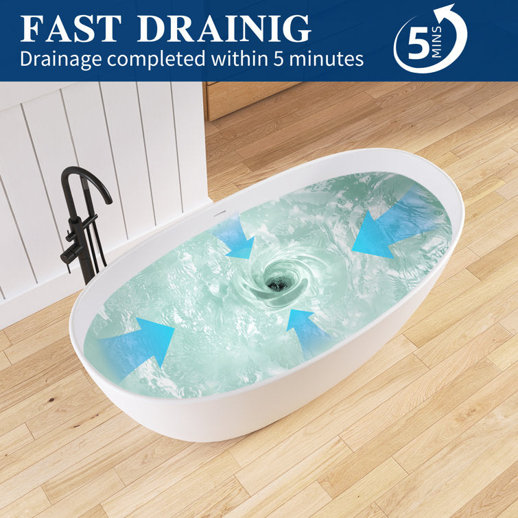 65'' Freestanding Bathtub Solid Surface Deep Soaking Tubs Double Slippers