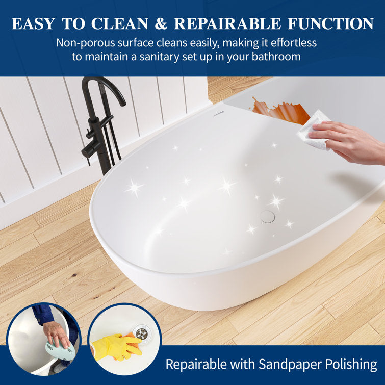 65'' Freestanding Bathtub Solid Surface Deep Soaking Tubs Double Slippers