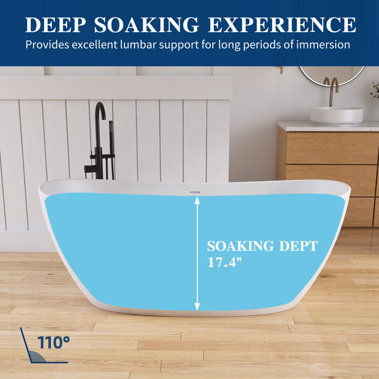 65'' Freestanding Bathtub Solid Surface Deep Soaking Tubs Double Slippers