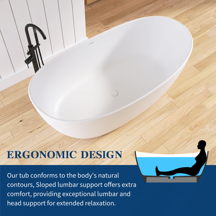 65'' Freestanding Bathtub Solid Surface Deep Soaking Tubs Double Slippers